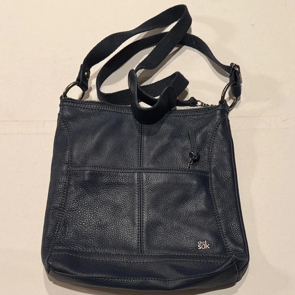 The Sak Dark Blue Leather Messenger Bag